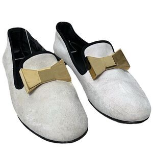GIUSEPPE ZANOTTI White Suede Leather Gold Metal Bow Loafers 36.5
